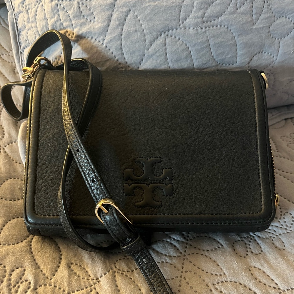 Tory Burch Black Leather Embossed Logo Crossbody